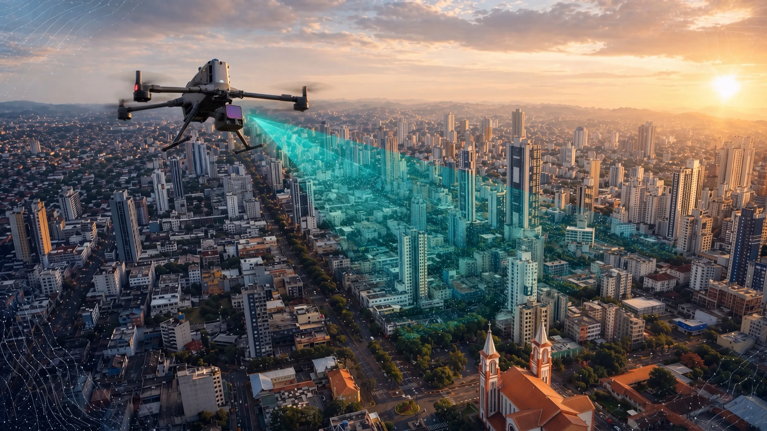 Drone de mapeamento sobre Chapecó ao pôr do sol — Autha Engenharia